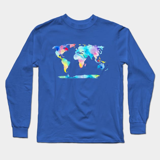 Watercolor World Map Long Sleeve T-Shirt by tangerinetane